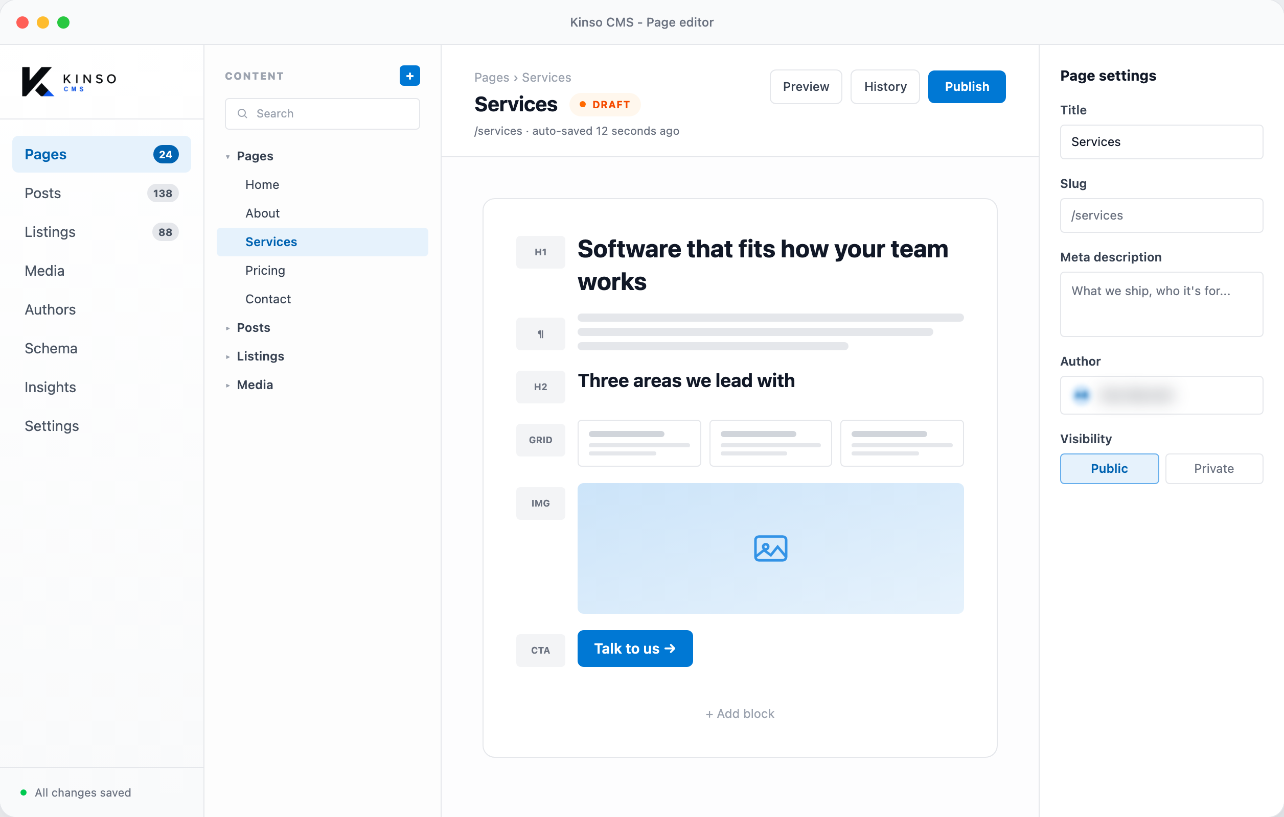 Kinso CMS editor with live preview