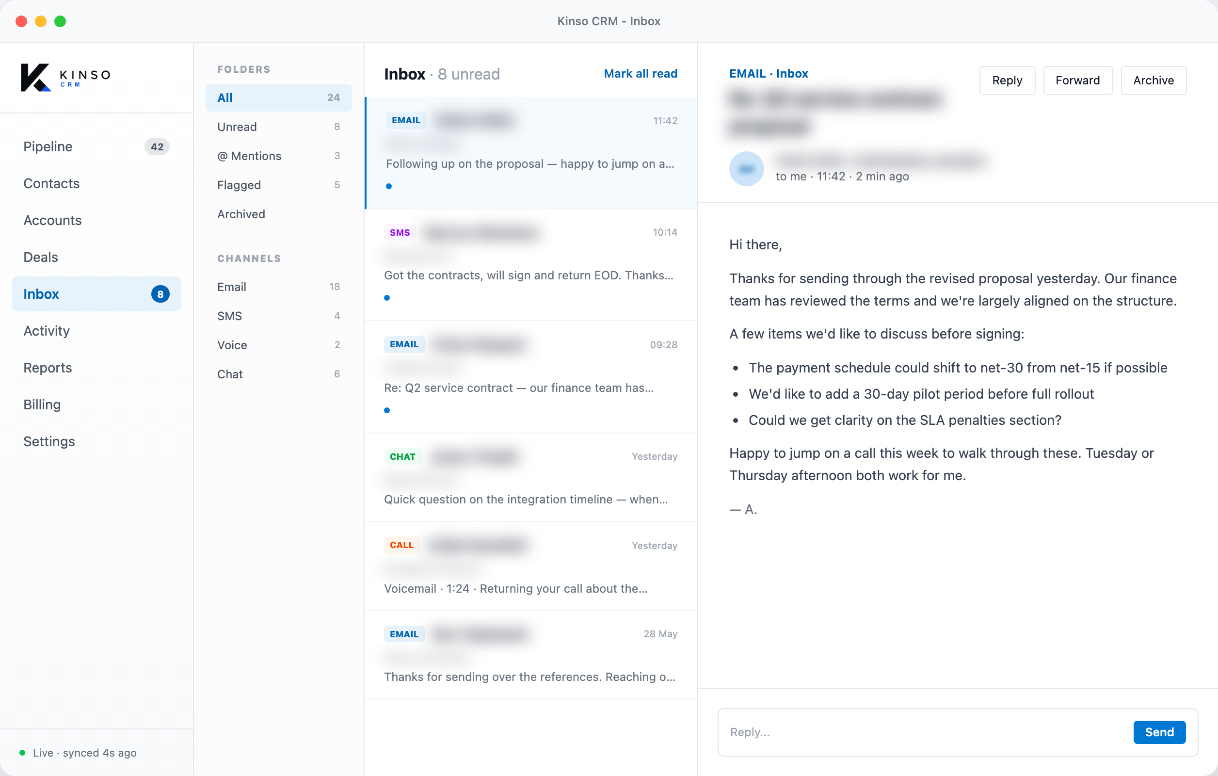 Kinso CRM unified inbox